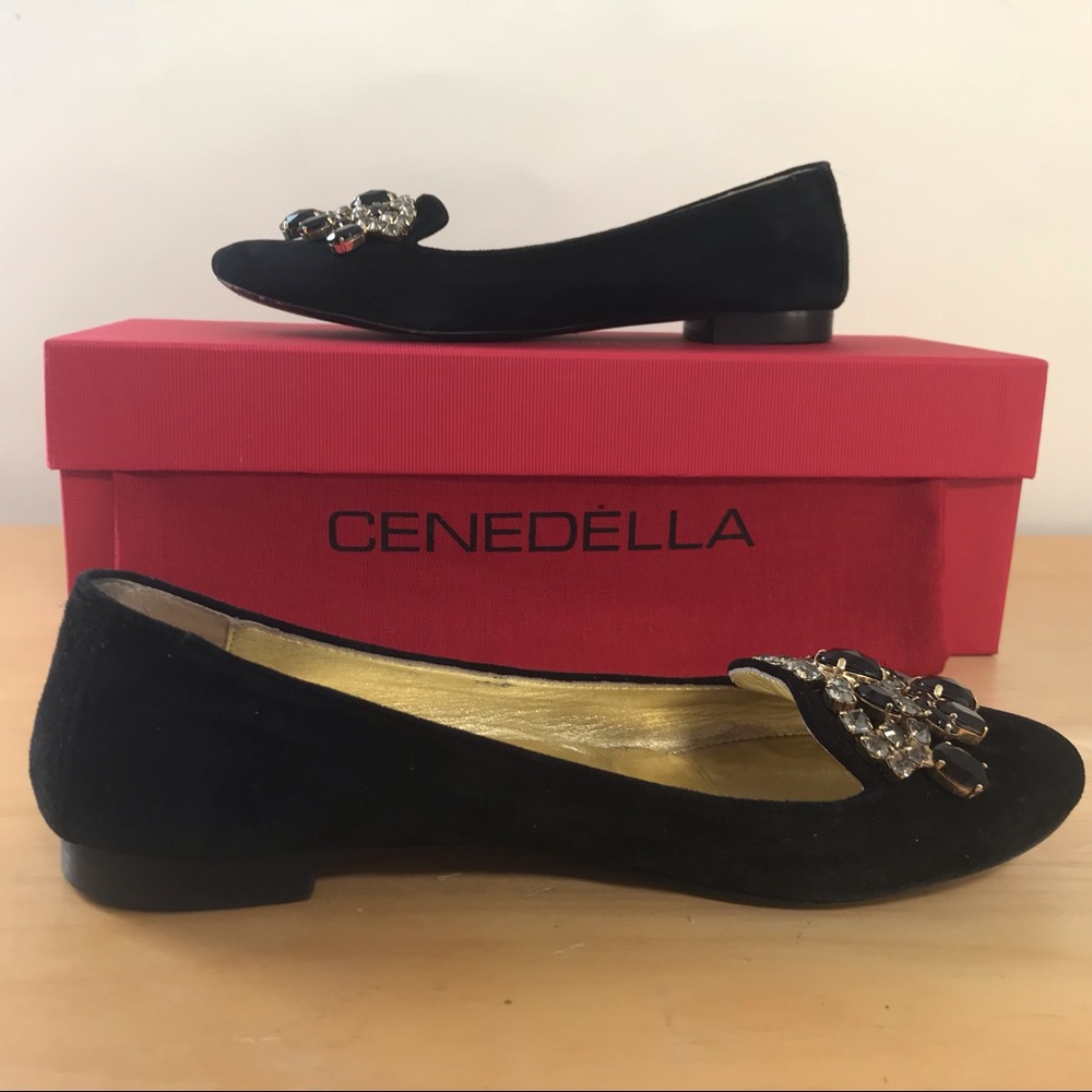Black suede embellished flats